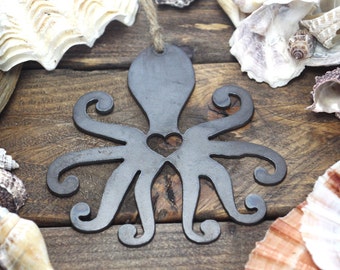 Octopus Love Rustic Metal Recycled Steel Heart Christmas Tree Ornament Holiday Gift Industrial Decor Wedding Favor By BE Creations