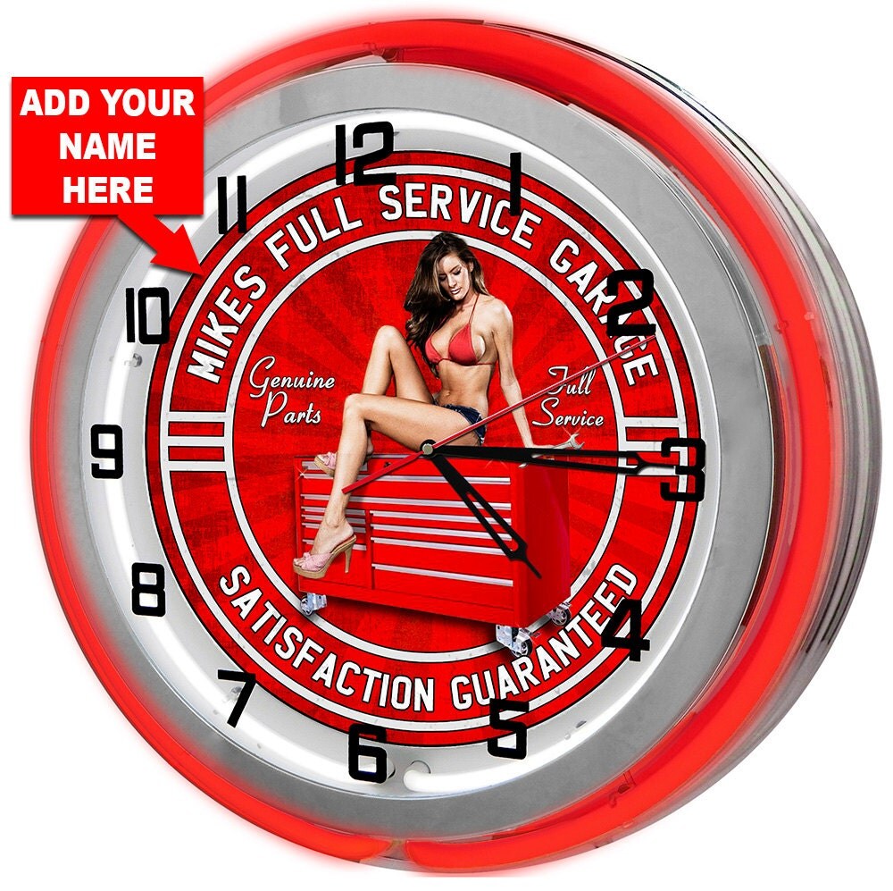 Personalized Garage Shop 18 Red Neon Clock from Redeye