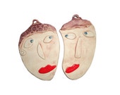 Lovers and Friends/Ceramic Wall Hanging Faces (2)/Neutral Color - Bright Red Lips/SMALL/Ceramic Mask/Face Mask/Face Wall Hanging