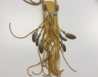 Spirit Bear Ceremonial Buckskin Pouch, Leather Neck Pouch on Braid Strap, Unique Leather Bag with Long Fringe and Feathers, Deer Hide Pouch