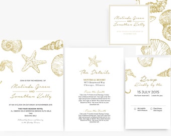 DIY Word Template Wedding Invitation Stationary Set | Editable Word Template | Nautical Sea shells | destination wedding | Gold