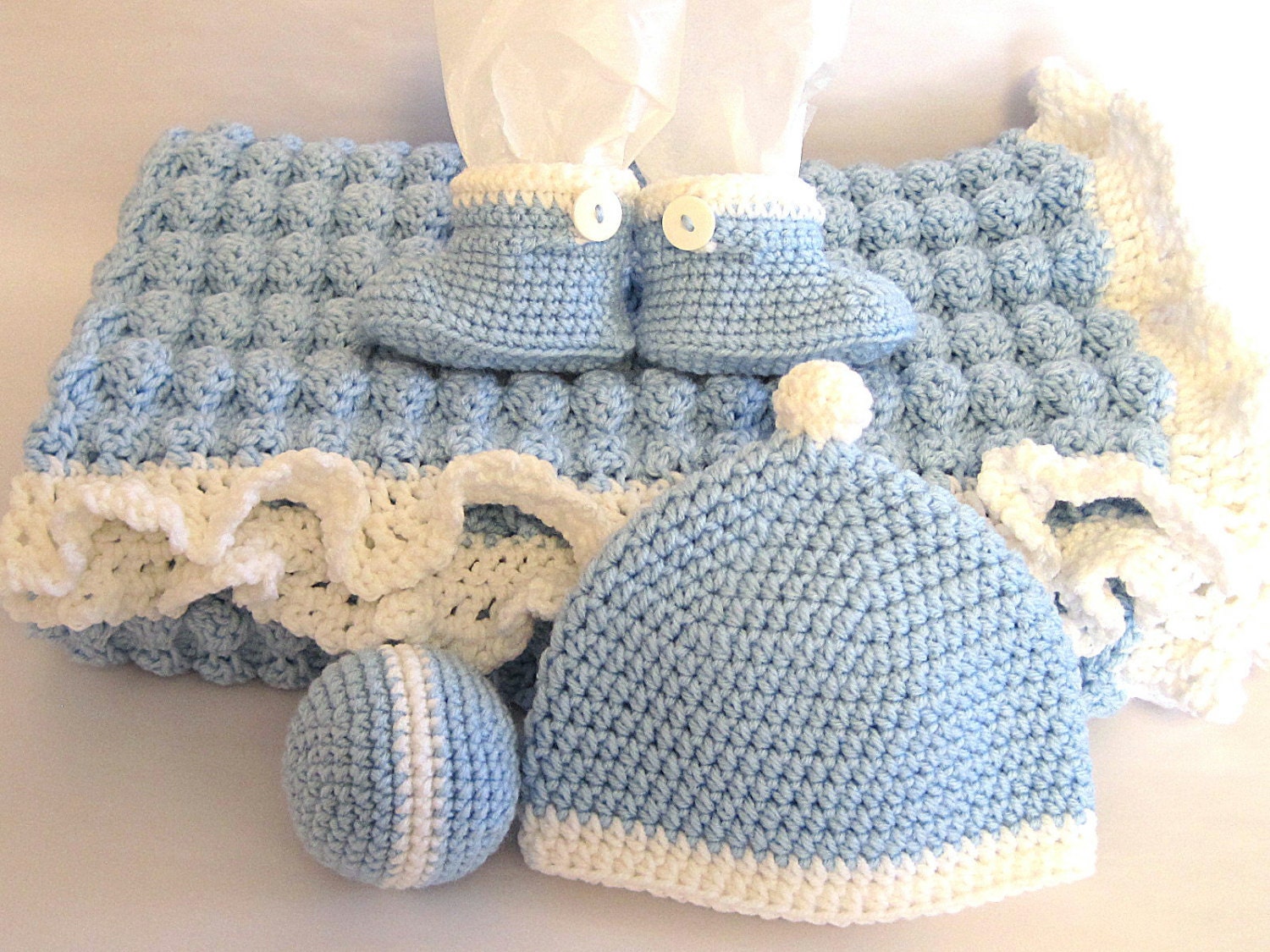 crochet-baby-boy-blanket-set-blue-white-with-hat-booties-ball