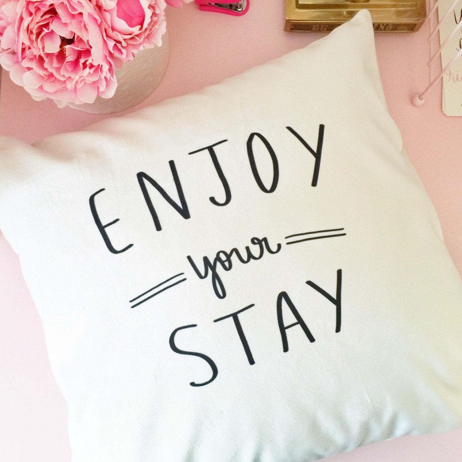 Enjoy your stay guest pillow cover 18 handwritten