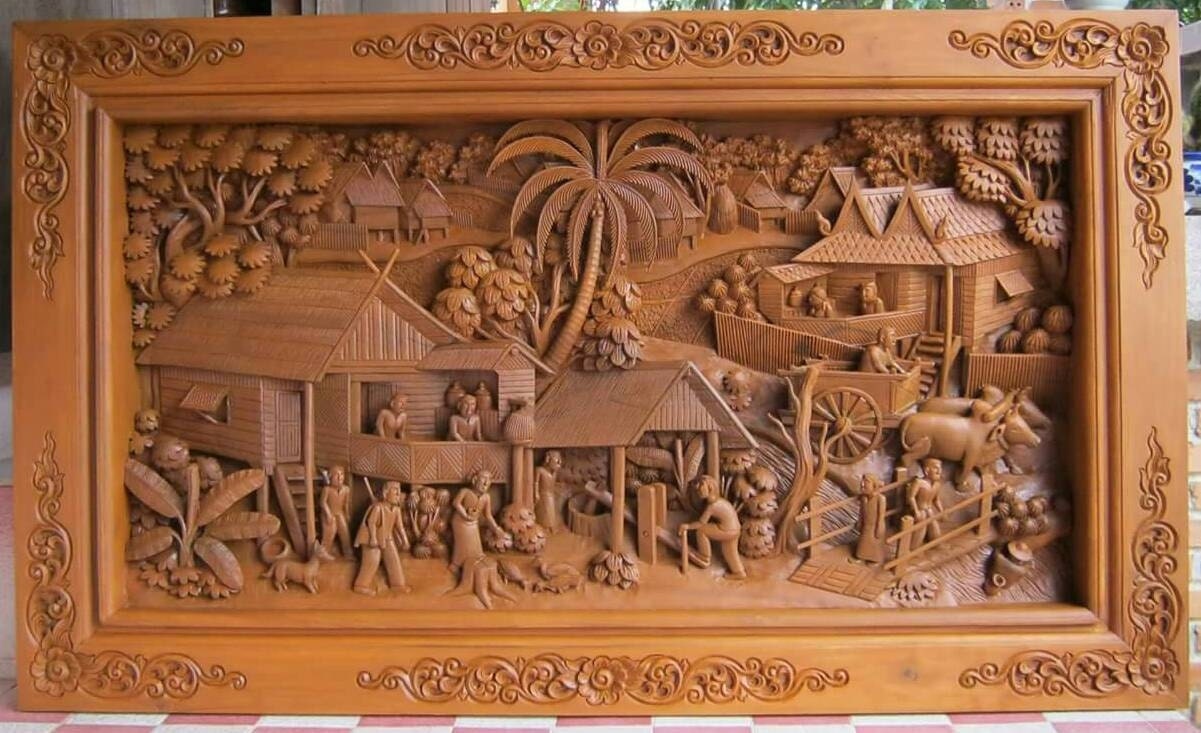 Medium carved teak wood wall art decor 3D panel with beautiful