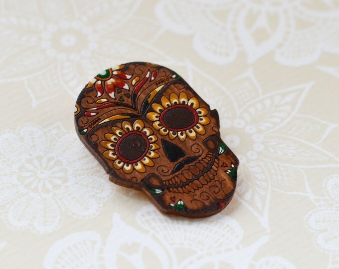 The painted Skull // Wooden brooch is covered with ECO paint // Laser Cut // Best Trends // Fresh Gifts //