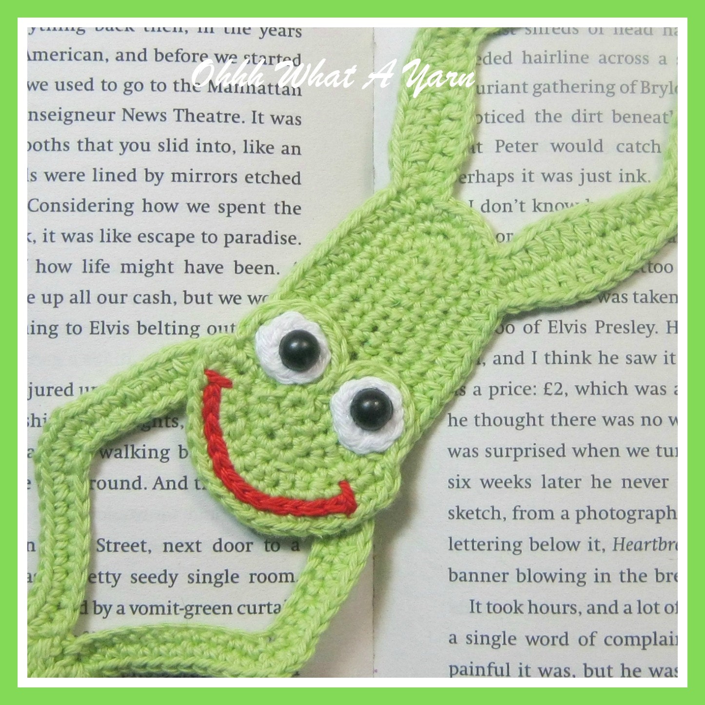 Crochet crocheted frog bookmark animal green wide mouth