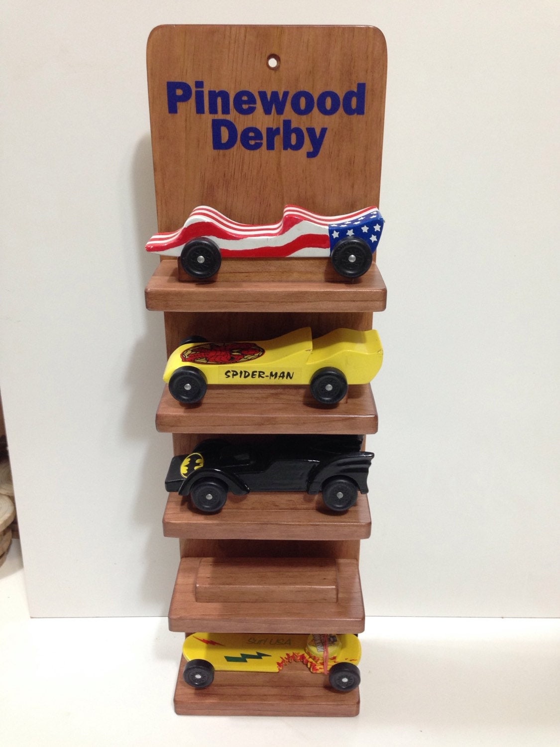 Pinewood Derby Car Cubscout Five Shelf Display Cherry