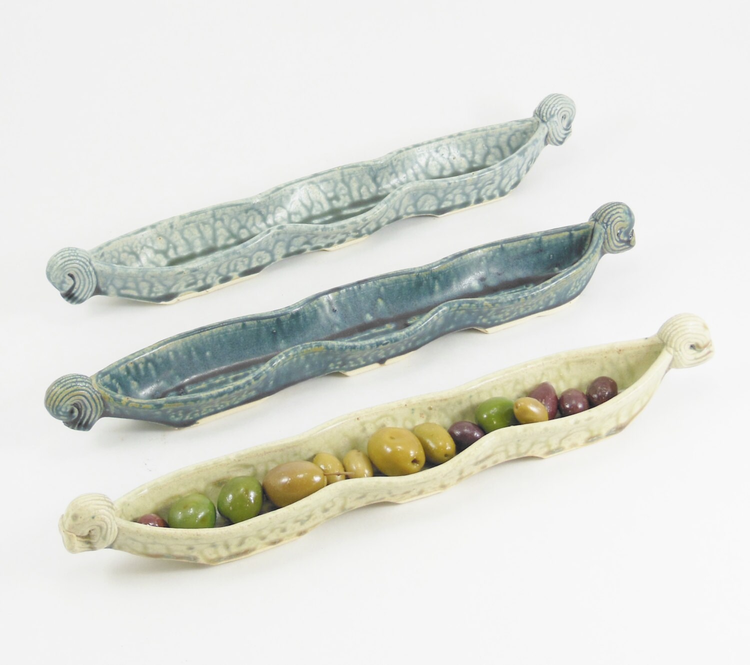 Olive Tray GREEN Relish Tray Pickle Dish Ceramic Serving