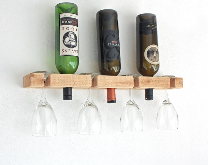 Wine Rack-Wall Mounted Wood Wine Rack Holds 3 Bottles & 4 Wine Glasses - Unfinished