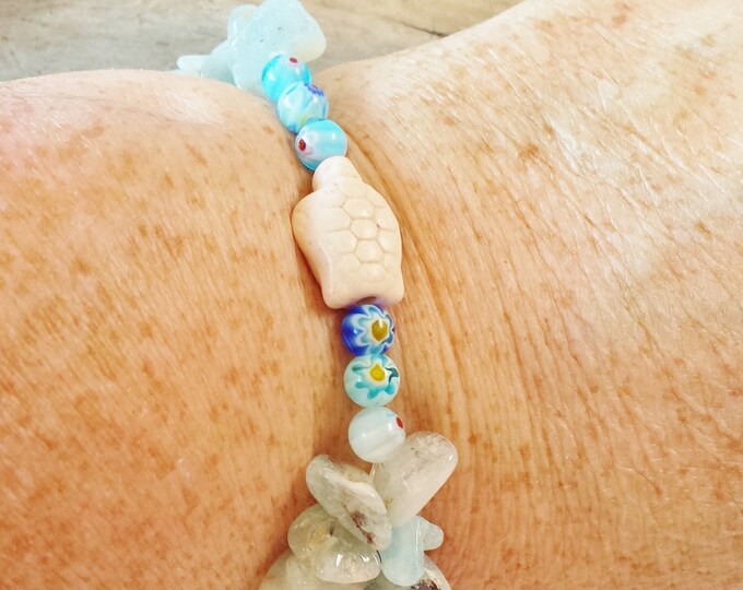Aquamarine Stretch Bracelet ~ Gemstone Chip Ocean Themed Jewelry ~ March Pisces Birthday Gift, Flower Girl Wristband for Beach Wedding