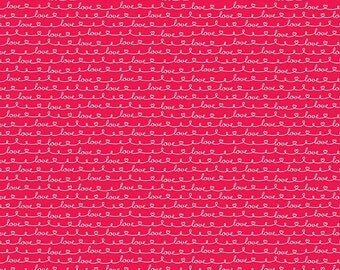 Lovebug Love Valentine fabric Riley Blake Designs Lovebug by Doodlebug Designs red heart love cursive writing on red valentine fabric