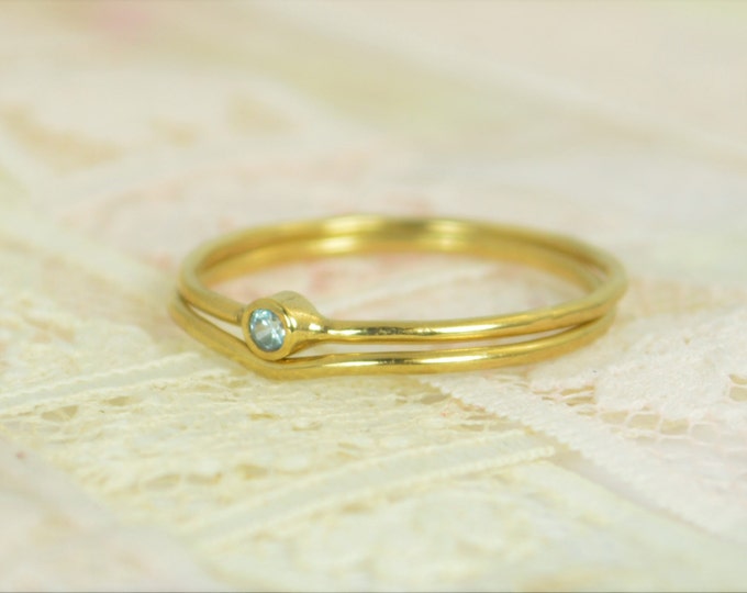 Tiny Aquamarine Ring Set, Solid 14k Gold Wedding Set, Aquamarine Stacking Ring, Solid Gold Aquamarine Ring, March Birthstone, Bridal Set