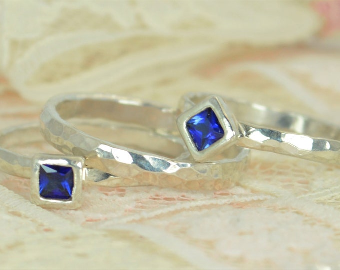 Square Sapphire Engagement Ring, Sterling Silver, Sapphire Wedding Ring Set, Rustic Wedding Ring Set, September Birthstone Sterling Sapphire