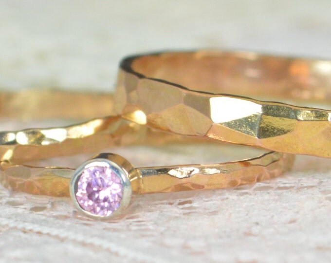 Pink Tourmaline Engagement Ring, 14k Rose Gold, Pink Tourmaline Wedding Ring Set, Rustic Wedding Ring Set,October Birthstone, Solid 14k Ring