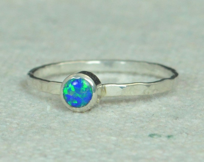Small Silver Opal Ring, Sterling Opal Ring, Blue Opal Ring, Mothers Ring, Opal Jewelry, Stacking Ring, October Birthstone Ring