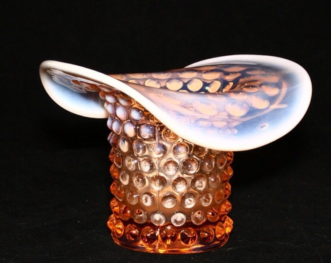 Storewide 25% Off SALE Vintage Fenton Hobnail Vaseline Victorian Top Hat Art Glass Vase Featuring Rare Faded Burnt Orange Design