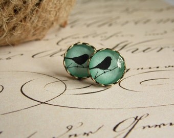 Mint bird earring, bronze earring, stud earring, glass jewelry, pastel bird earring, blue bird, bird silhouette, glass dome earring