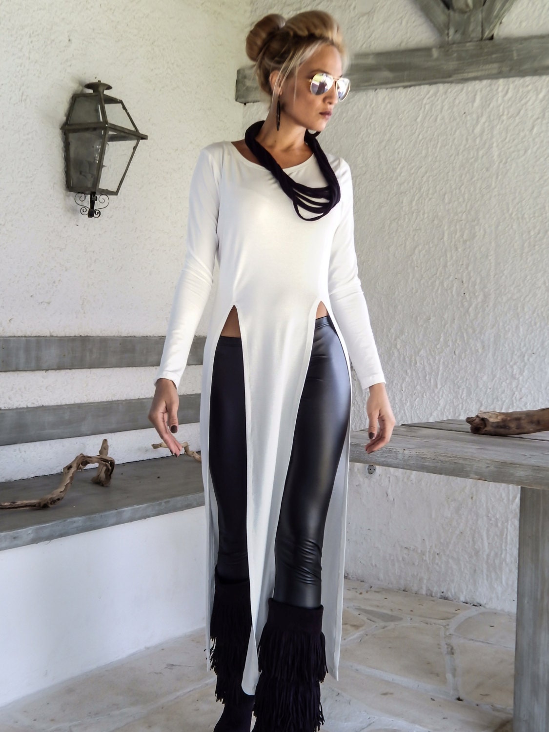 Ivory Asymmetric Long Blouse / Ivory Blouse with Slits