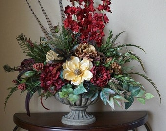 Large Tuscan Red Cream Brown Centerpiece Floral Dining Table Arrangement