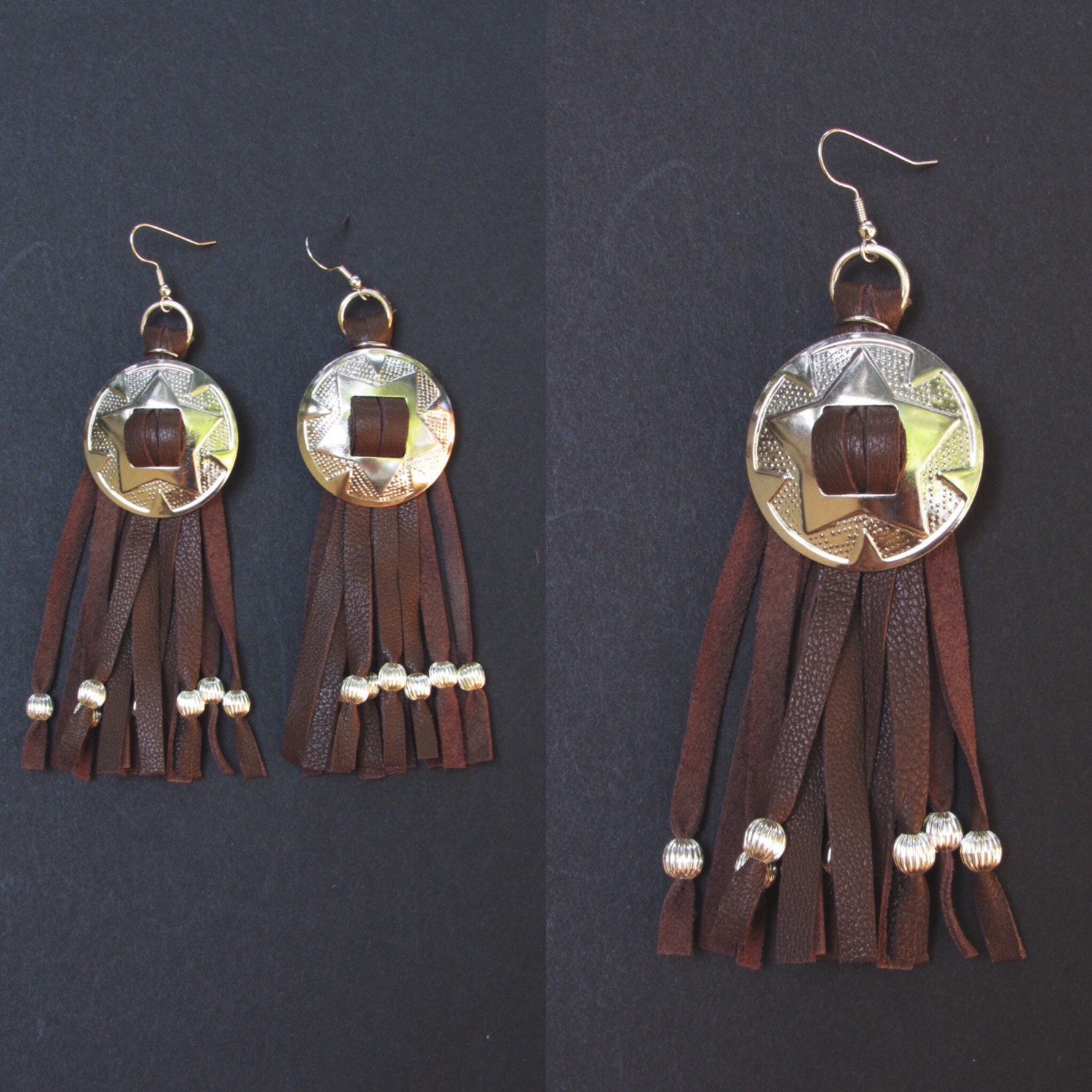 Concho earrings. Concho jewelry. Leather fringe earrings.