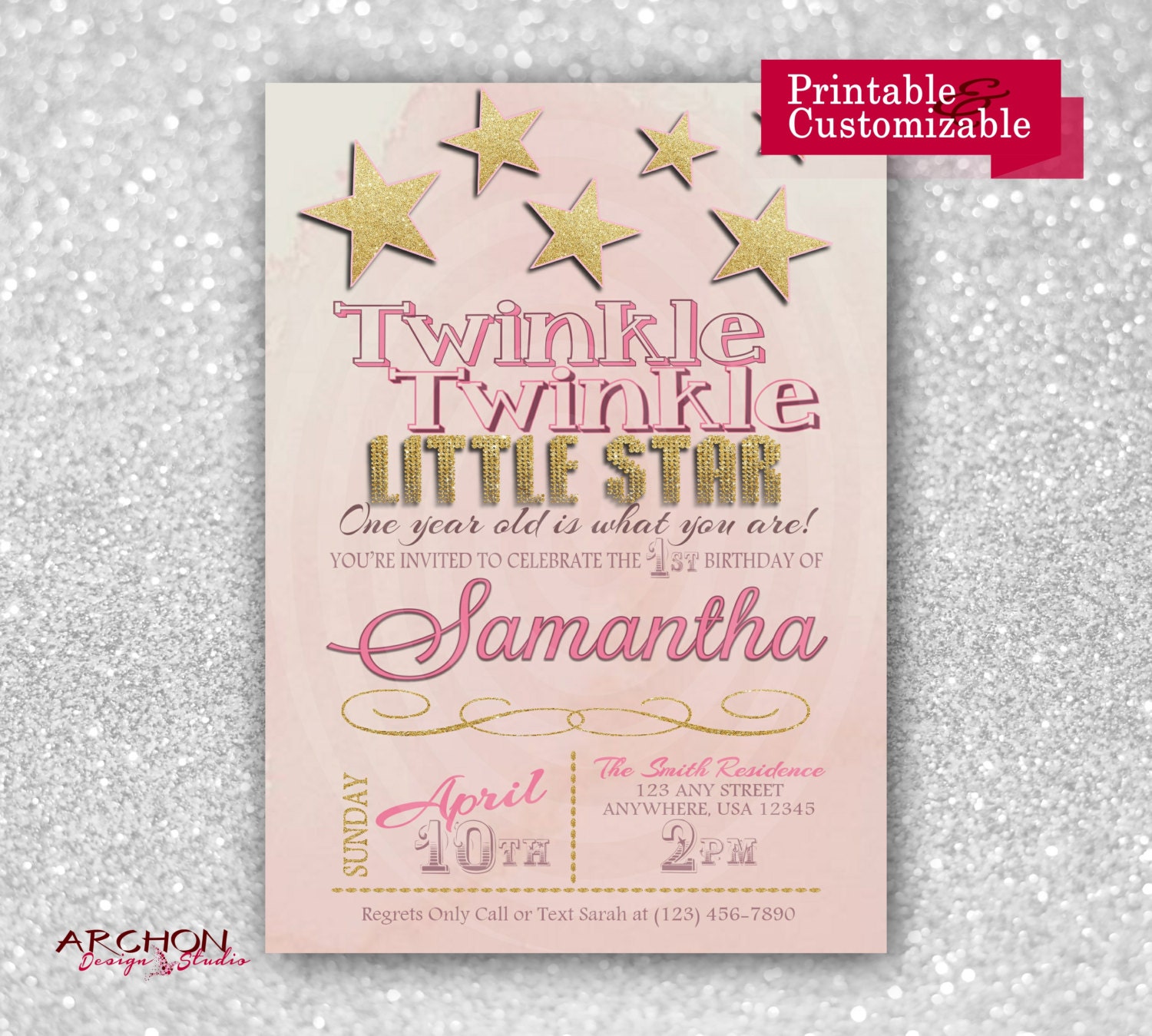 Twinkle Twinkle Little Star Birthday Party Invitation Pink