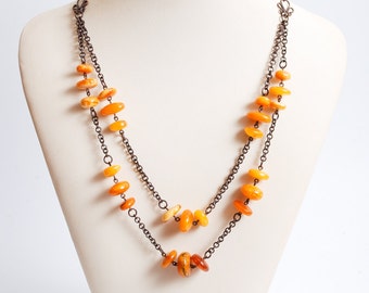 Vintage necklace, Natural Genuine Baltic amber rounded beads on solid copper chain (DZ)