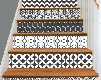 15steps Stair Riser Vinyl Strips Removable Sticker Peel & Stick : Geometric DarkGrey S003