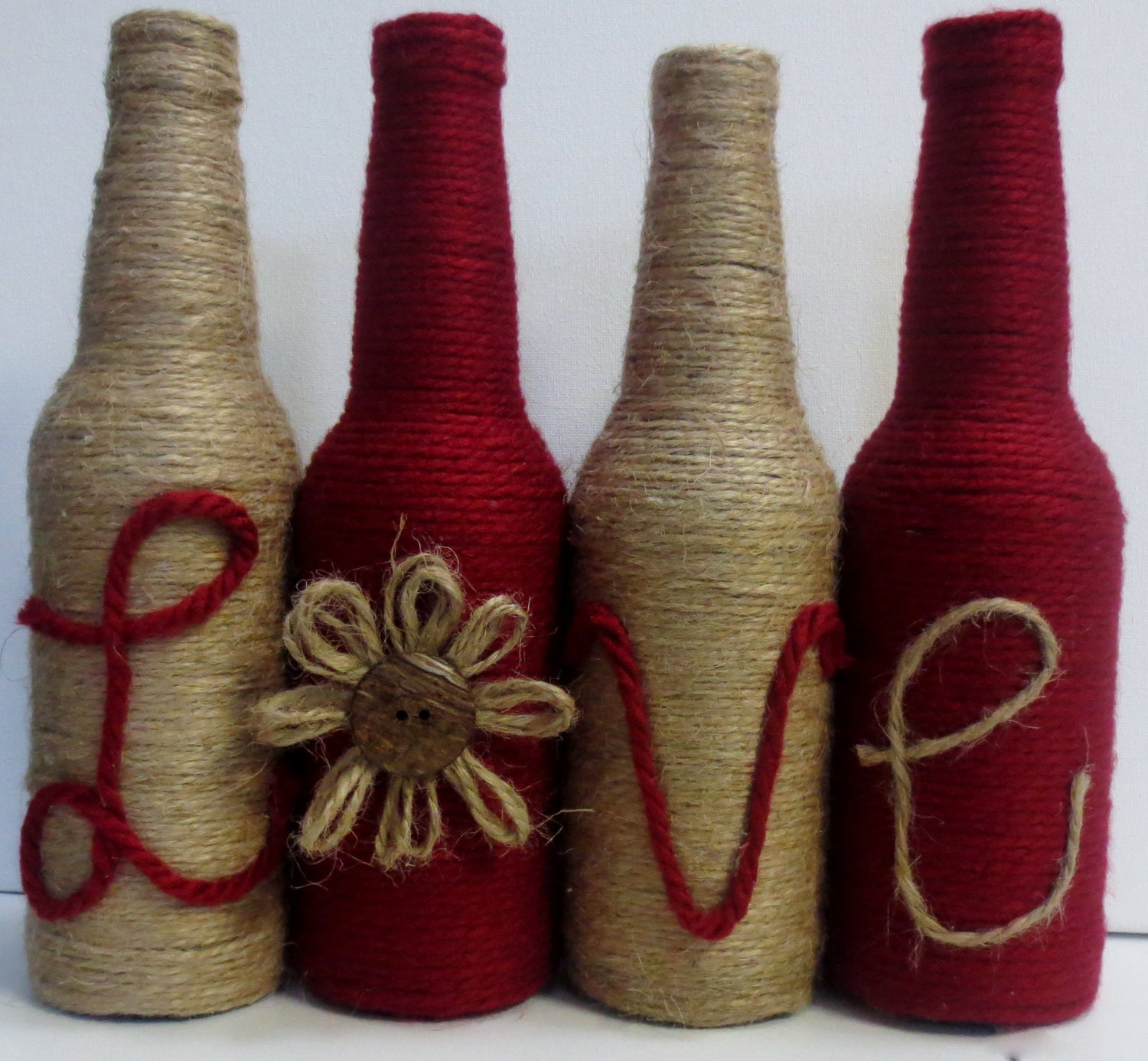 Twine Wrapped Bottles Home Decor Set of Four Decorated Bottles