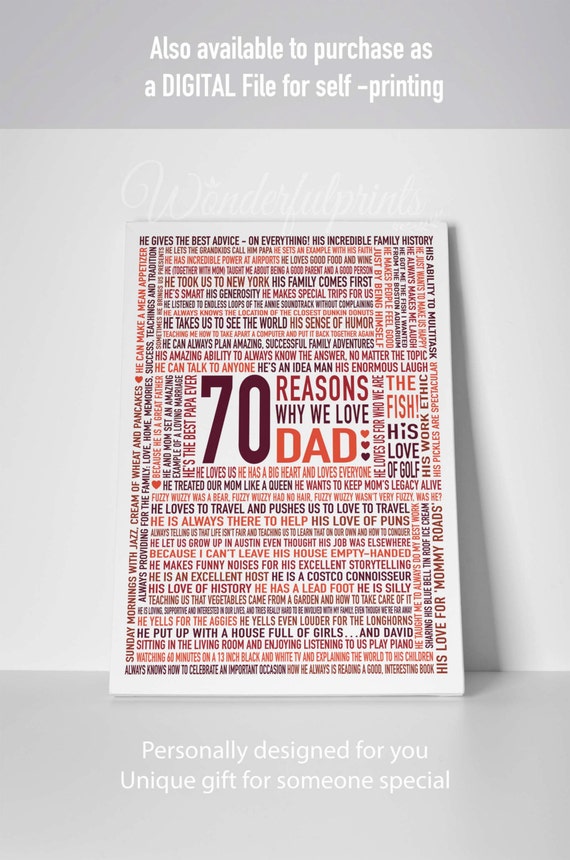 Gift for DAD / 70th Birthday Gift / Gift for HIM / Reasons Why