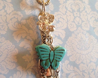 Sterling silver Spoon Jewelry necklace Gift for her Gift for the butterfly lover Hand crafted Boho chic OOAK Crystal Turquoise butterfly