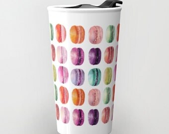 Macaron Print Travel Mug Ceramic Travel Mug Macaroon Mug Travel Coffee Mugs girls gift Coffee Mug office mug colorful french Gifts for her