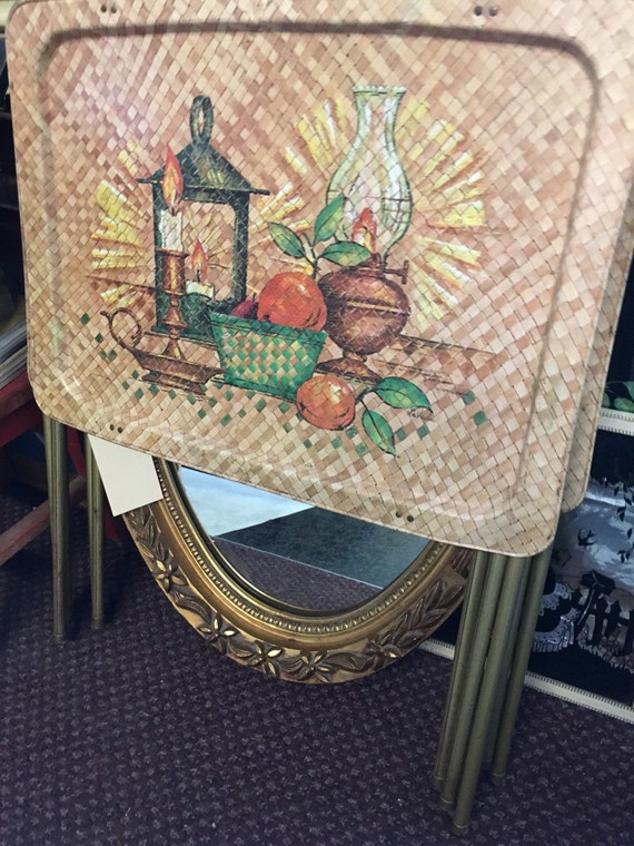vintage metal TV trays lantern fruit basket weave pattern 1970