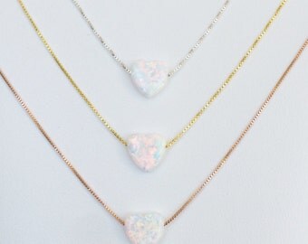 opal heart necklace real sterling silver box chain from size 12" kids to 22" white the PERFECT BRIDESMAIDS NECKLACE