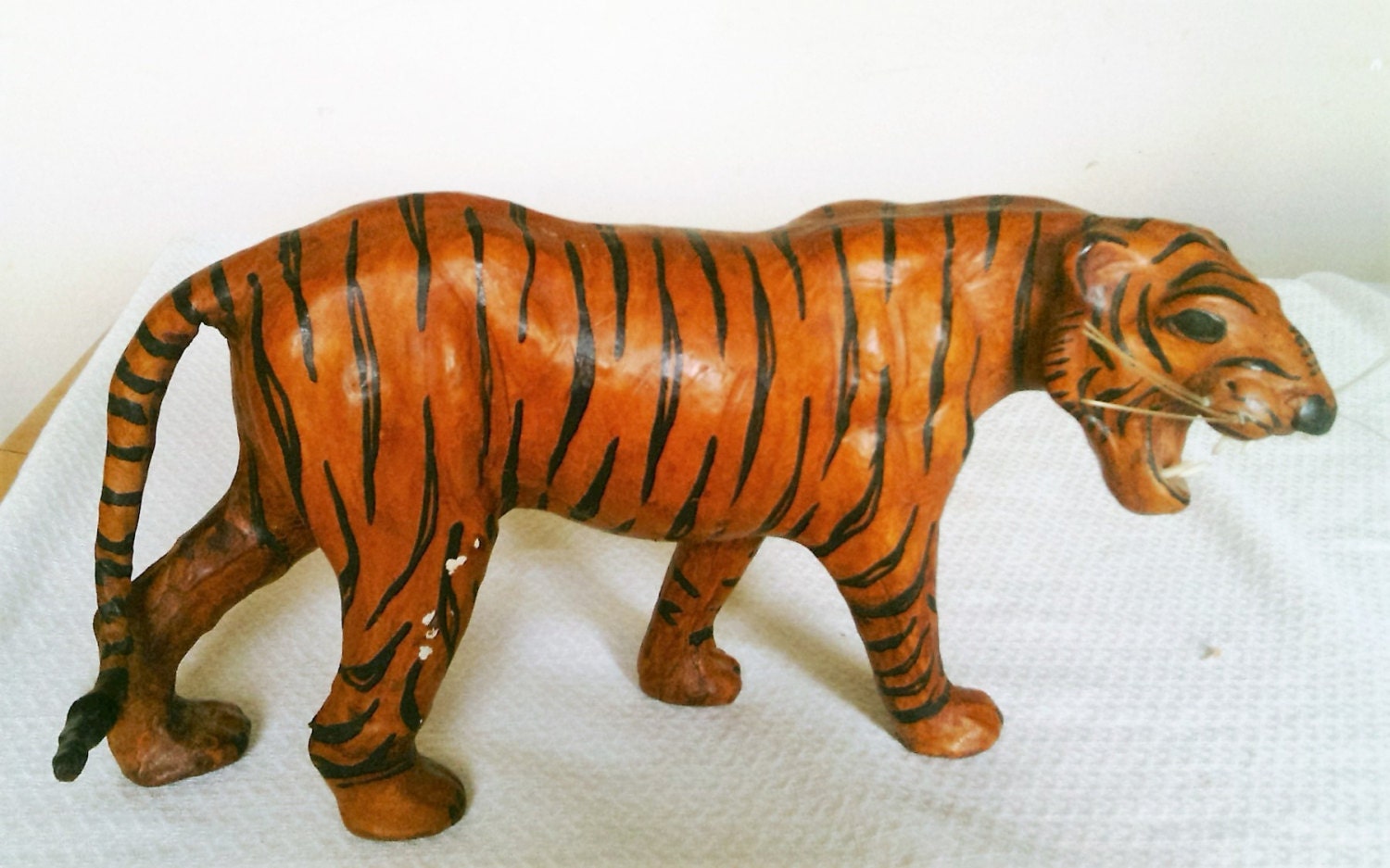 Leather Wrapped Paper Mache Tiger With Teeth And Whiskers