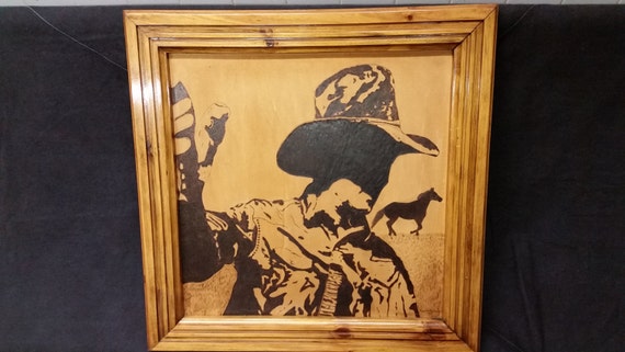 Signed Western Prison Art 25 x 25 Woodburning Pyrography