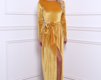 Yellow Gold Velvet Maxi Dress Slit Long Sleeves