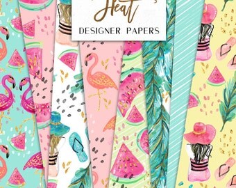 Tropical Digital Papers | Summer Beach Girl Watermelon Flamingo Designs Hand painted Patterns | graphics planner stickers resources