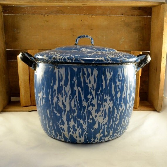 Vintage Blue Graniteware Stock Canning or Soup Pot