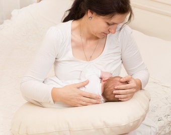 All Wool Nursing Pillow and Zippered Machine Washable Cover / "Boppy"- size Wool Pillow and Slipcover