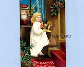 Christmas Postcard, Santa Peeking in Window, Clapsaddle Illustration, 1909