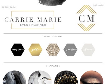 Premade Black Watercolor Logo, Modern Predesigned Photography Logo, Gold Brush Logo, Feminine Logo Branding Board, Branding Kit, 029