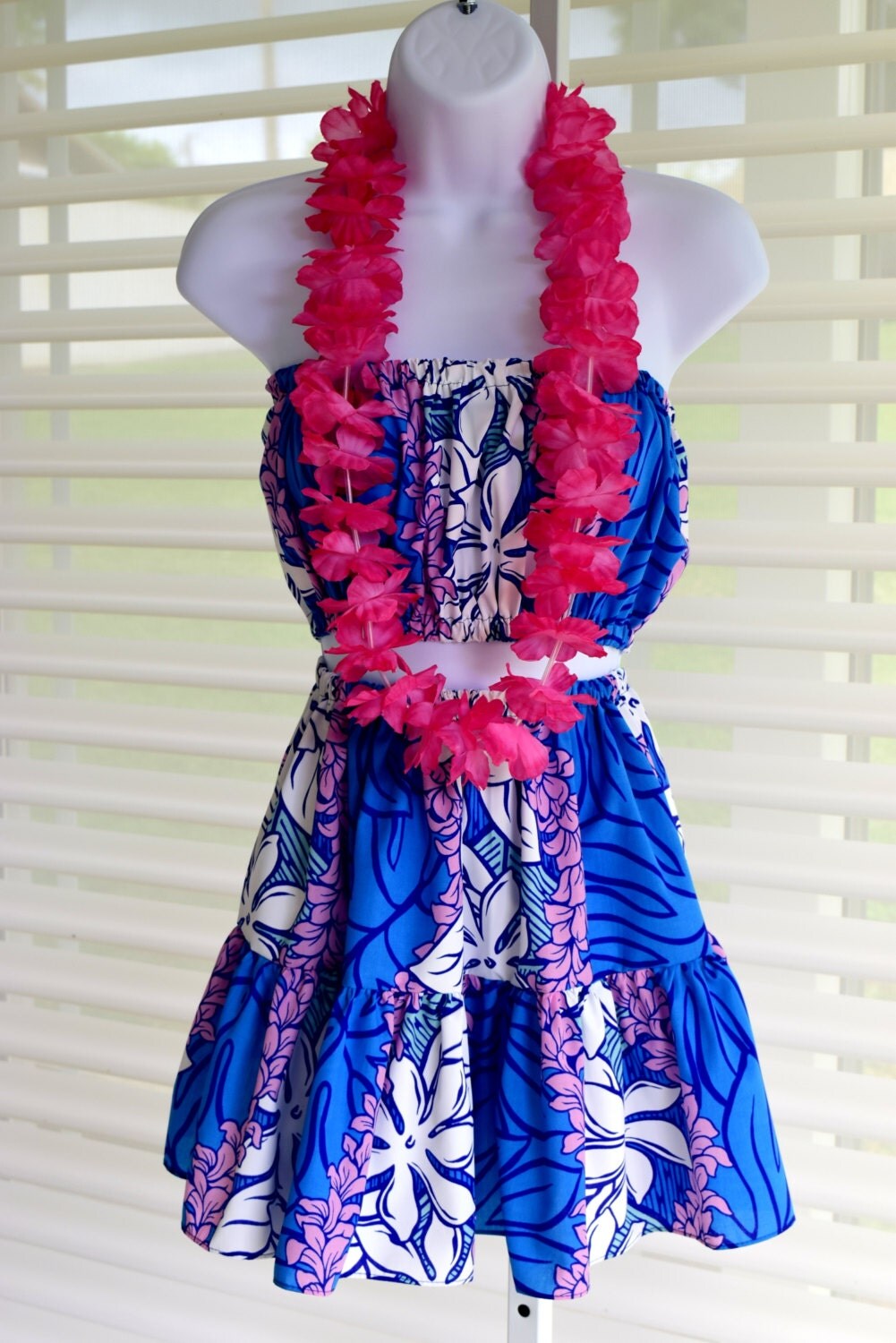 Girls Hula Hawaiian Dress 2 Piece Outfit White Tiare Flower