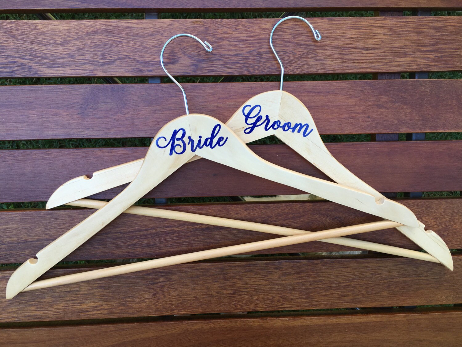 Bride and Groom Vinyl Wedding Dress Hanger Set Wood Hanger