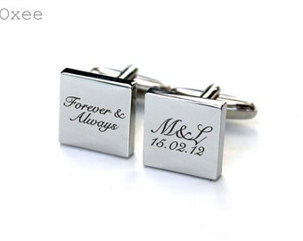 Stainless steel cuff links, engraved cufflinks, personalized metal cuff links, groom cuff links, forever and always