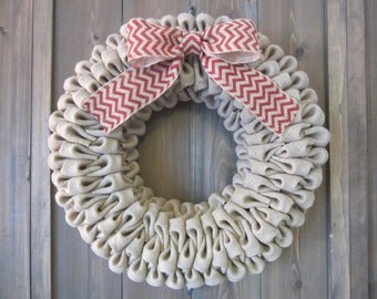 Burlap wreath - burlap bubble wreath with white, red, or black chevron bow