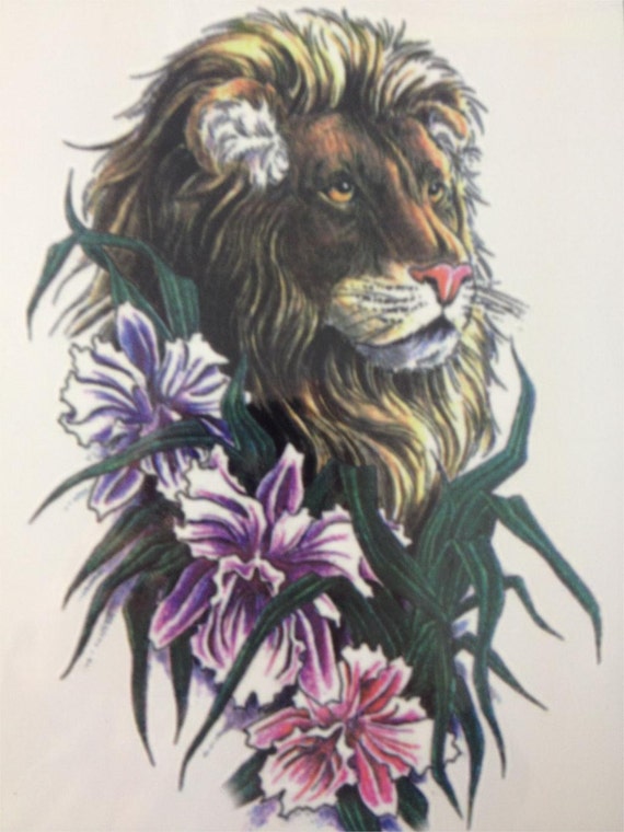 Lion and Flowers Temporary Tattoo Body Art 8 x 4.5