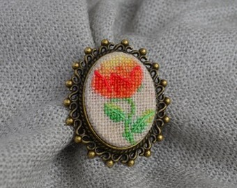 Peony brooch Cross stitch brooch Embroidered jewelry Oval brooch Handmade brooch Red flower Peony jewelry Gift for her Red brooch