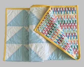 Blue Baby Quilt, Handmade Baby Shower Gift, Modern Geometric Stroller Blanket, Yellow Multicolor, Boho Crib Quilt Nursery Decor 34x34 Q2