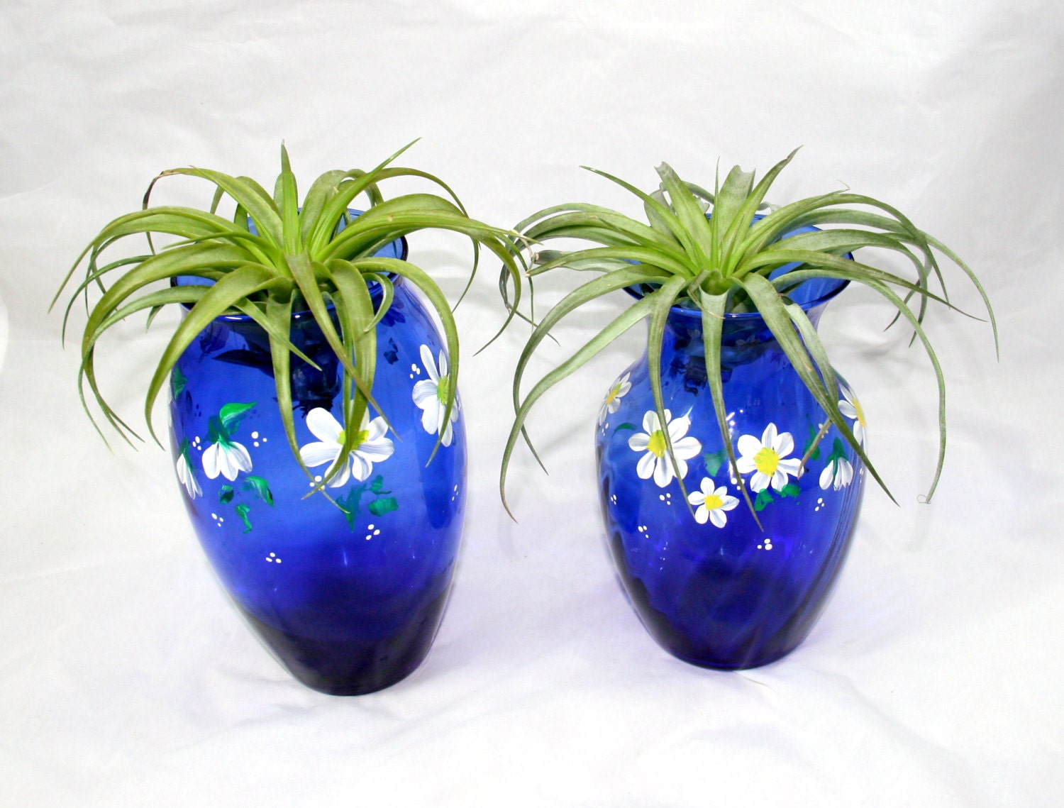CLEARANCE Navy Blue Decorative White Flower Glass Vase