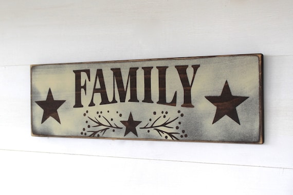 Wooden "FAMILY" sign with Stars, White and Brown, Distressed, Rustic, Country, Primitive, Vintage, Farmhouse Antique Décor